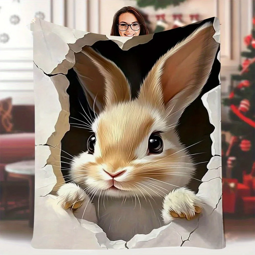 1pc Vintage Style Single-Sided Printed Blanket, 60x80inch, Cute Rabbit Peeking Out of a Hole in a White Suit, All-Season Fabric,