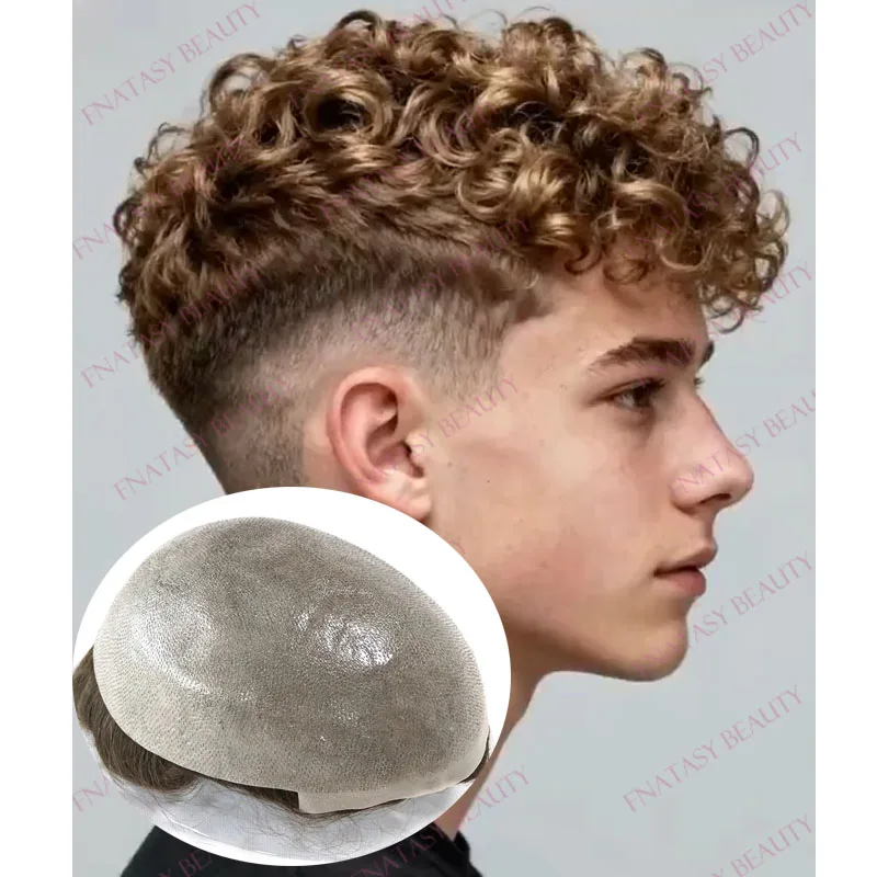 

Honey Blonde 20mm Curly Human Hair Super Durable 0.06mm MIcro Skin Base Men Toupee Undetectable Natural Hairline #20 Hairpieces