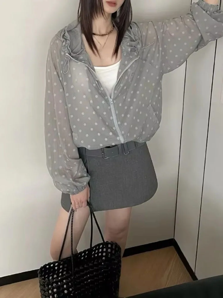 Gray Polka Dot Hooded Jacket Women New Long Sleeve Versatile Coats Tops Vintage Street Casual Y2k Aesthetic Sweatshirt