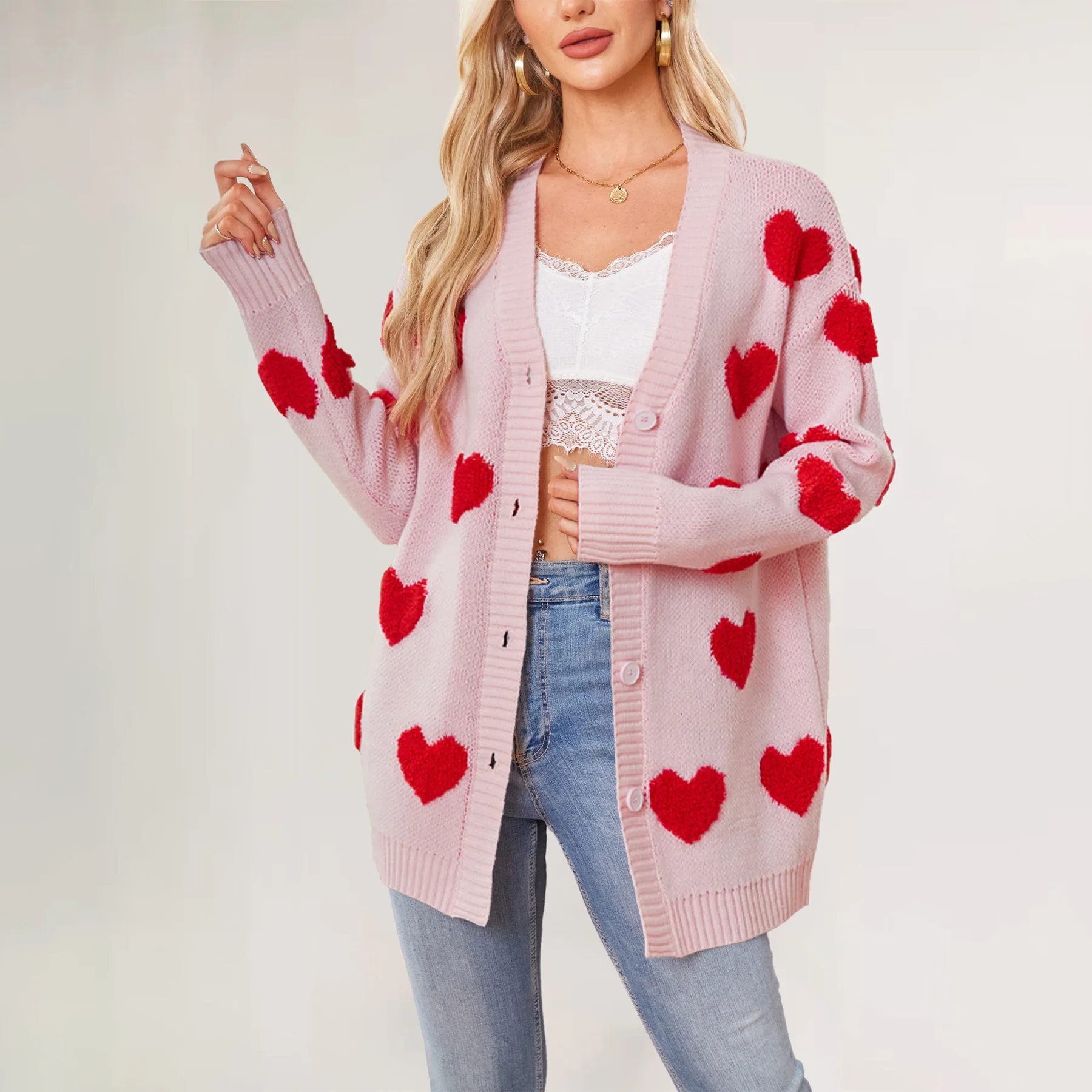 Women's New Fashion Loose V-neck Heart Pattern Cardigan Coat, Single Breasted Patchwork Knit Sweater Coat for Autumn and Winter