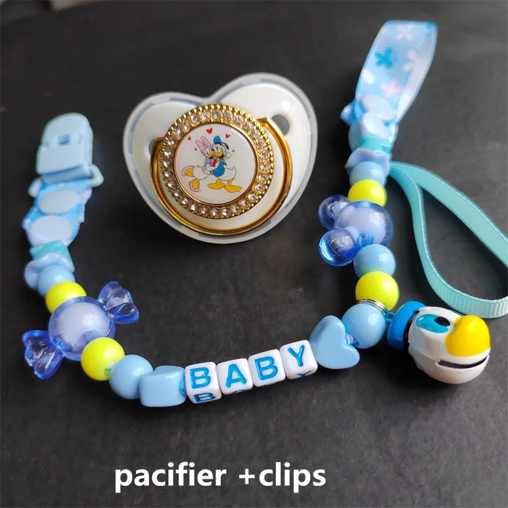 2022 Disney Baby Pacifier Animal Print Donald Duck Bling Pacifier with Beaded Chain Clip Baby Birthday Shower Gift Fake Pacifier