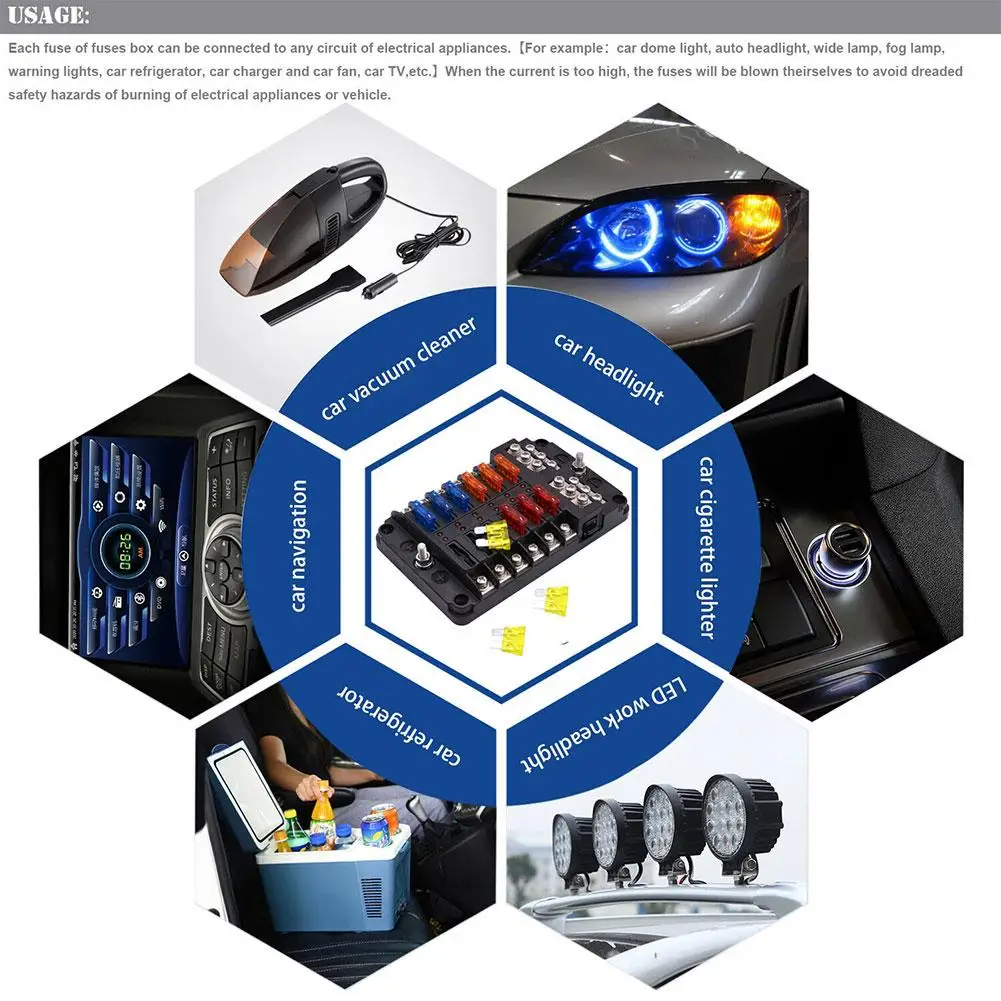 Car Boat Fuse Box Holder With 12 Way Fuse Holder Block & Warning Indicator 12V~24V Power Distribution Panel Board