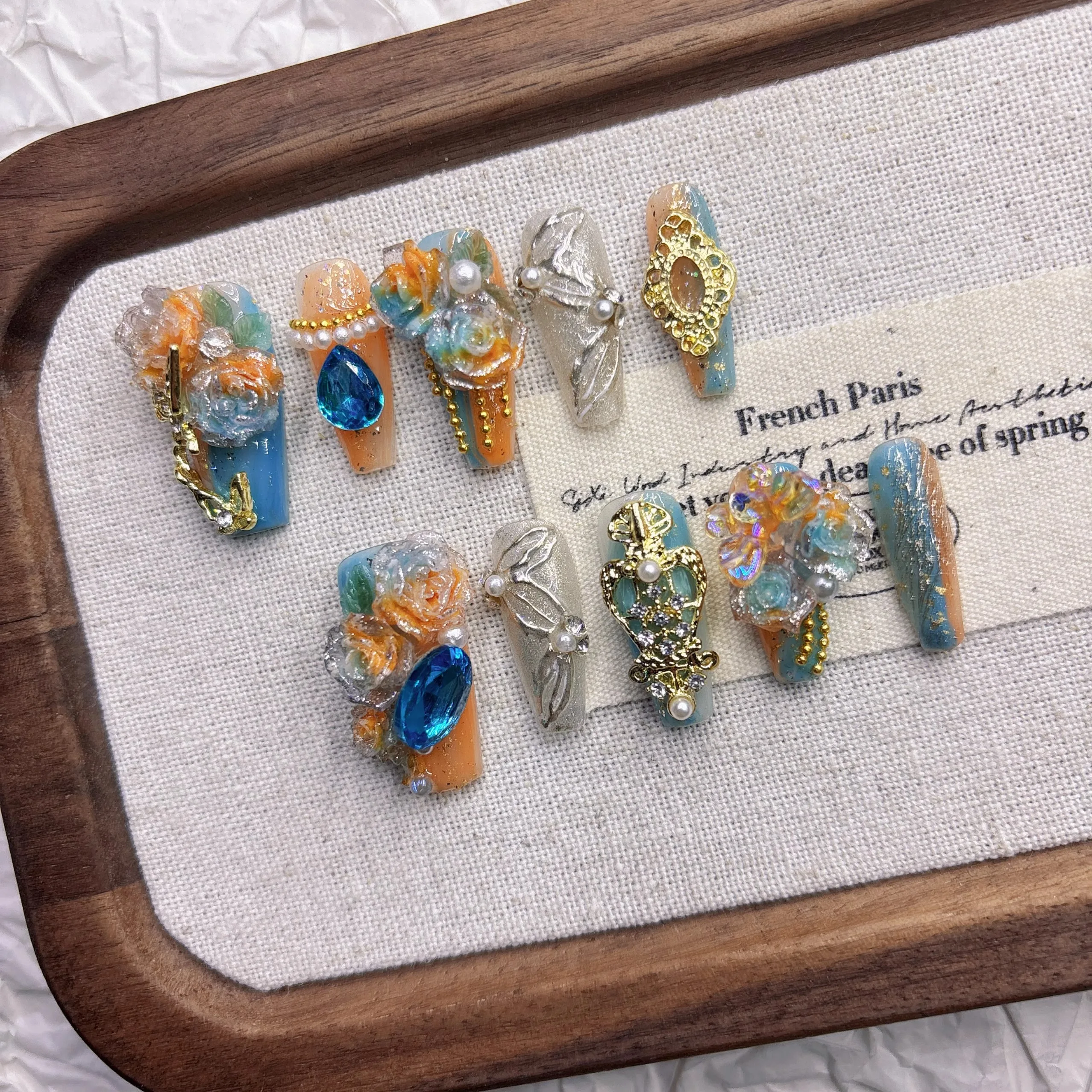 Elegant Floral False Nails-Romantic Spring Design with Butterfly Metal Decor&Sparkling Gems Safe Non-Toxic Glue-On Nail Tips