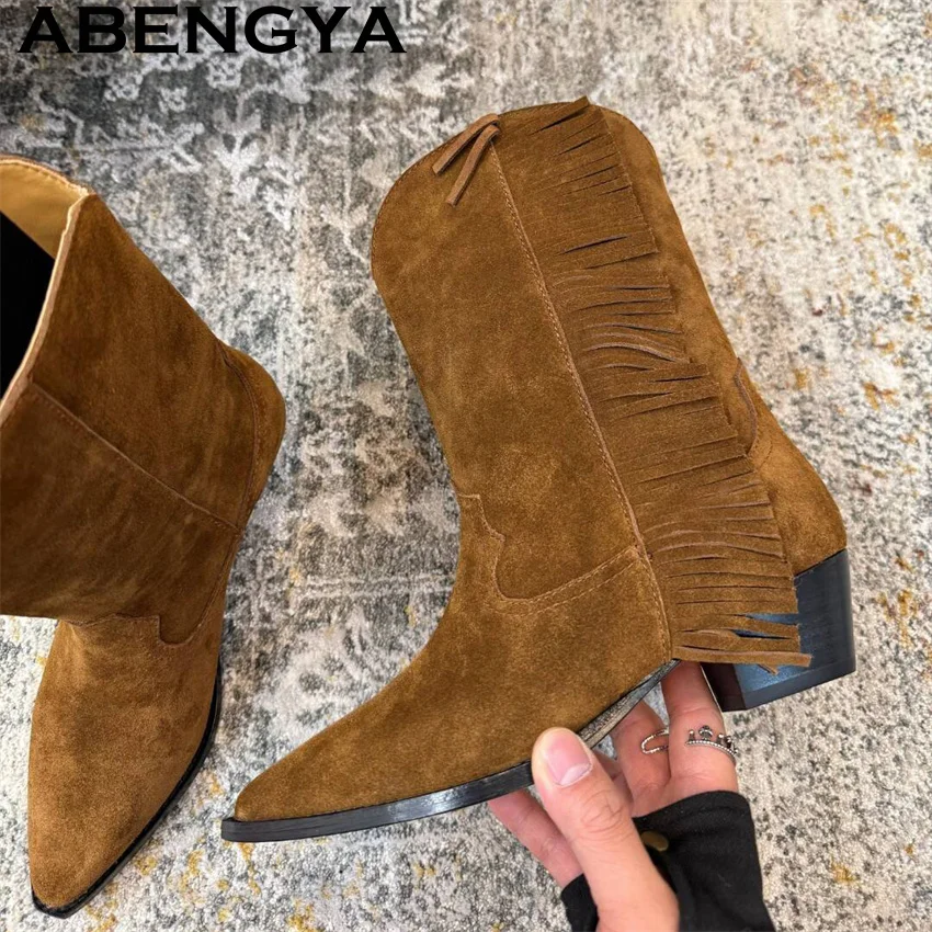 

New Suede Tassels Designer Ankle Boots Women's Genuine Leather Chunky Heels Short Boots Winter Fashion Week Punk Boots Mujer