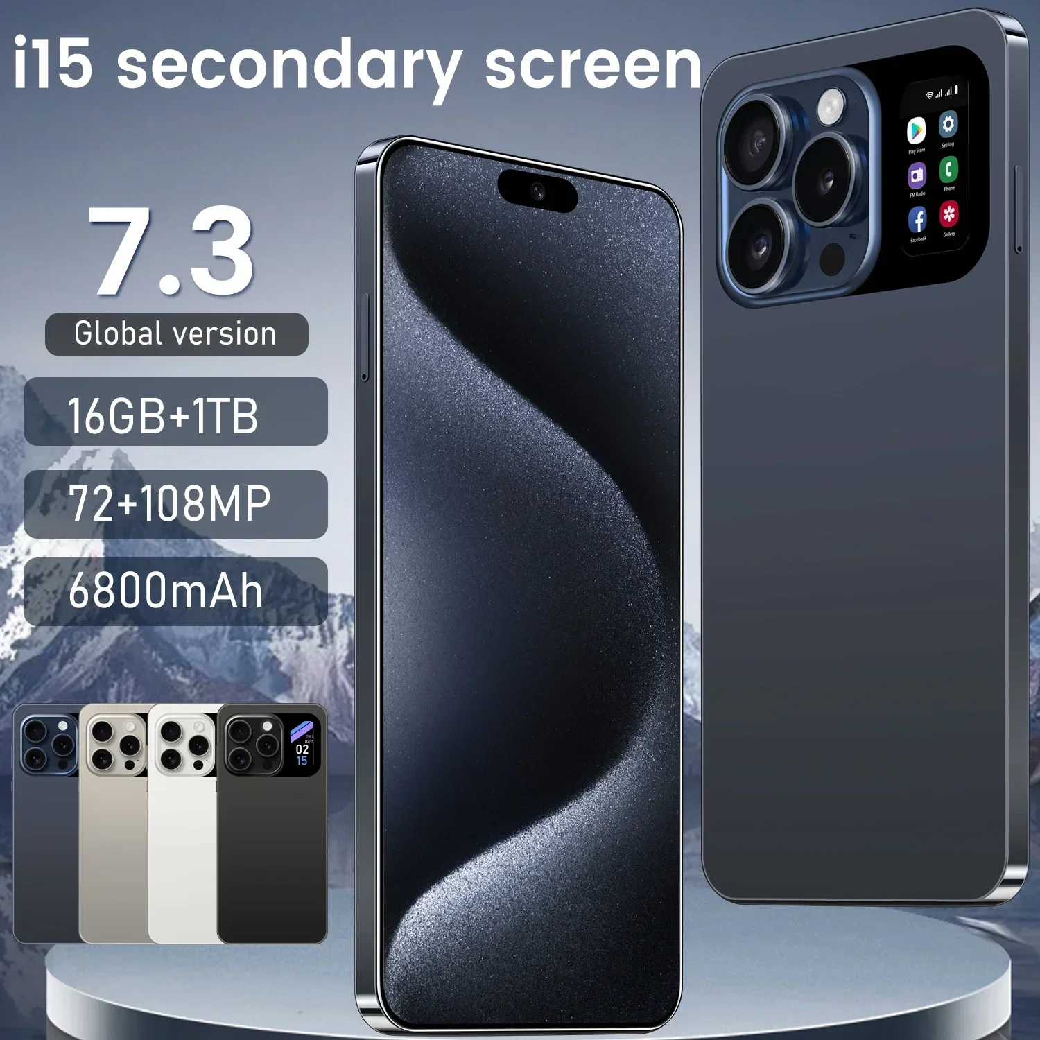 New I15 Pro High-end Cellphone 7.3 HD Second Screen Smartphone 5G Android13 Mobile Phone 16G+1T Dual Sim Celulares 108MP 6800Mah