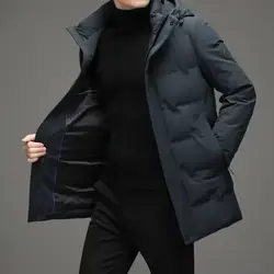 Chaqueta de plumón de longitud media para hombre, abrigo grueso de Color sólido con capucha, protección contra el frío, novedad de invierno, 2024