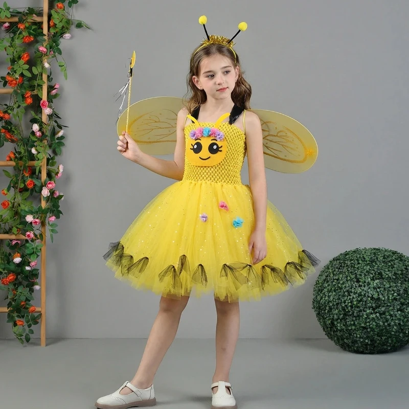 Striped Insect Fluffy Mesh Tutu Dress Floral Wing Hair Accessory Ideal for Stage Recital Parade Bee Theme Holiday ShootingAttire