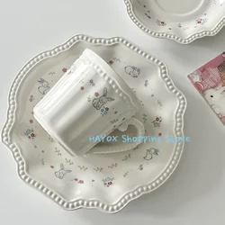 French White Floral Rabbit Print Vintage Coffee Cup and Saucer Set Ceramic Cup Cute Girls' Afternoon Tea Dim Saucer Dessert Mug