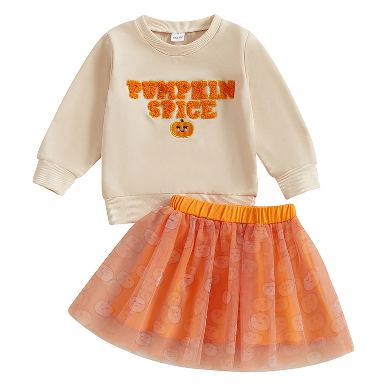 

Girls Halloween 2PCS Costume Set with Long Sleeve Pumpkin Letter Ghost Embroidery Tops and Tulle Skirt - Spooky and Stylish