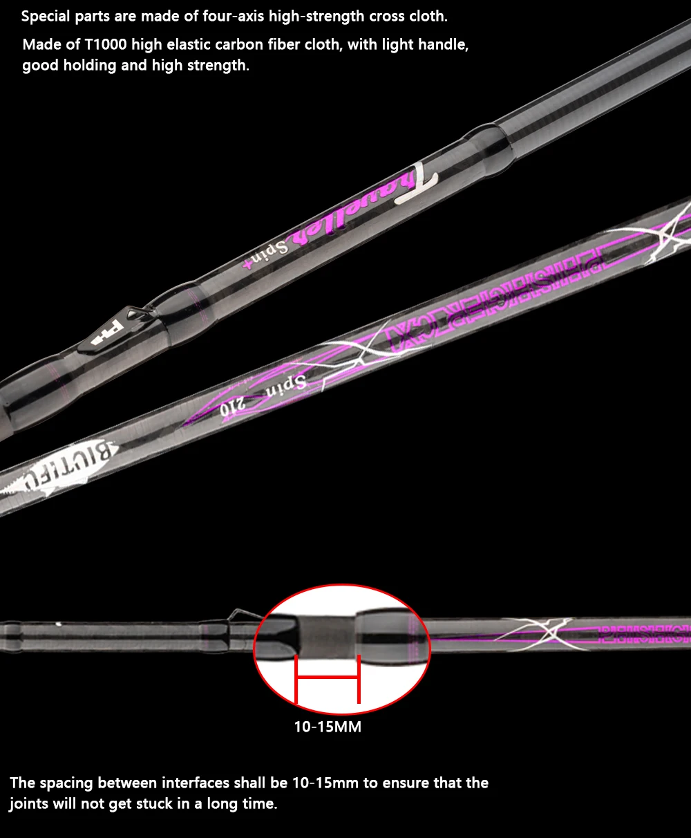 BIUTIFU Spinn- und Baitcasting-Angelruten 2,1/2,7/3,3m T1000 Carbon Traveller+ Baitcasting 5-60g Längenverstellbar mit Tragetasche – Detail 7