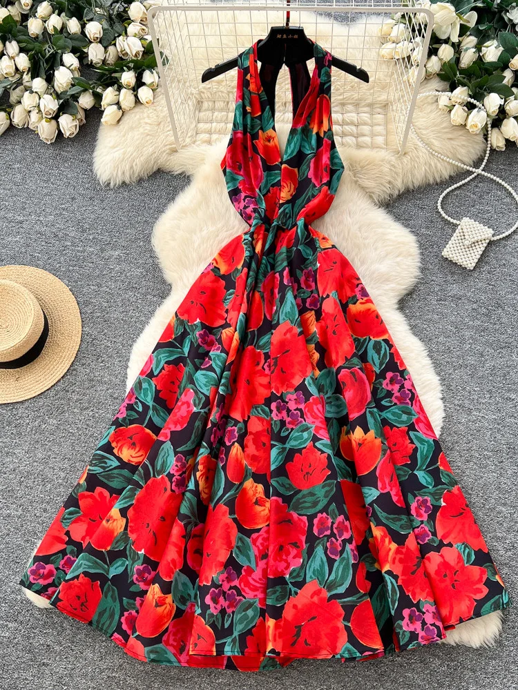 

Summer Red Printed Sexy Hanging Neck Dress for Women New Fashionable Vacation Waist Collection Elegant A-line Dress S520
