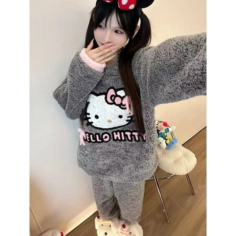 

Пижамный комплект Hello Kitty из кораллового флиса, женский плюшевый пуловер, домашняя одежда, зимняя милая домашняя одежда для девочек, уютная одежда для сна, наряд
