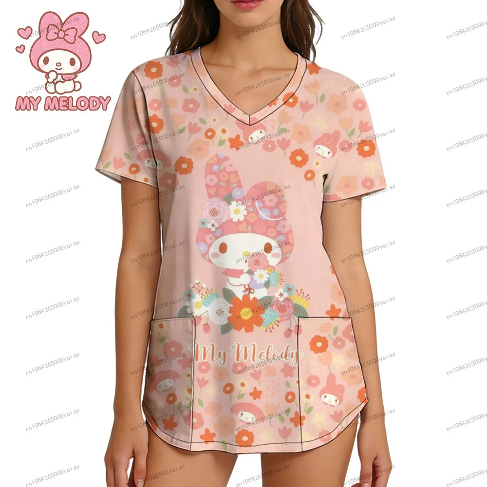 

Sanrio S-2XL V Neck T-shirt My Melody Nurse Uniform Women's T-shirt Leisure Streetwear Fashion Trend Summer Kawaii 3D Print Top
