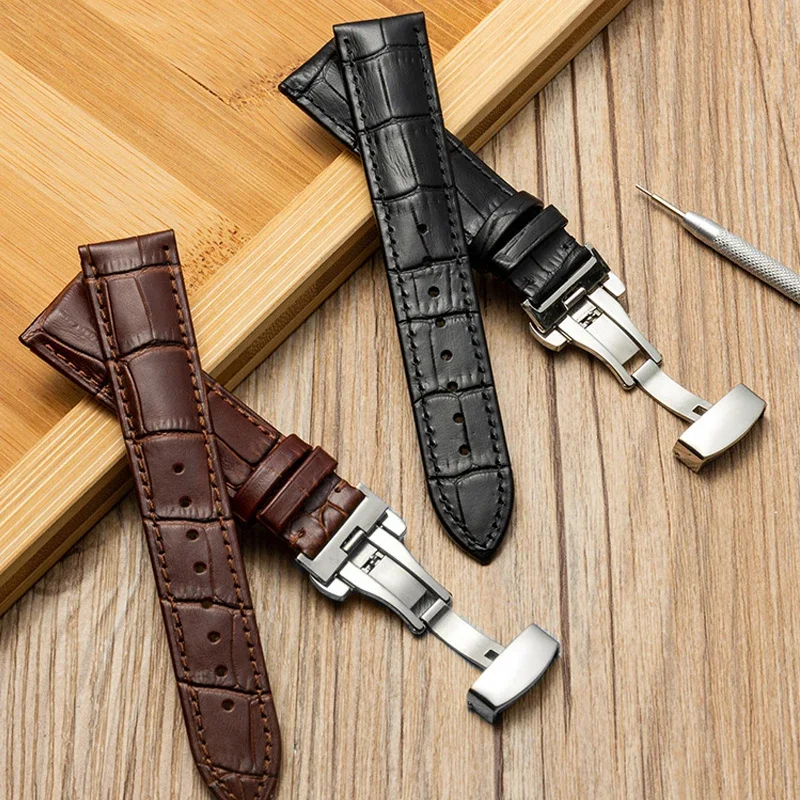 Watch Band with Wooden Box Butterfly Clasp Watchband Replacement Genuine Leather Strap 18mm 20mm 22mm Bracelet Watch Accessories