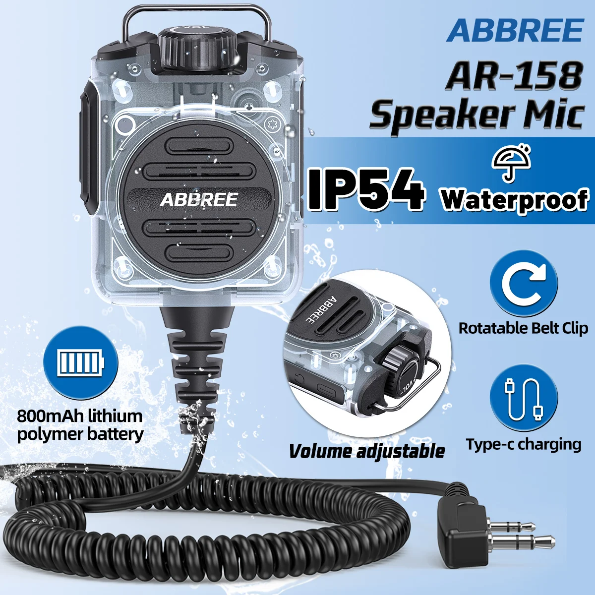 ABBREE AR-158 Walkie Talkie Handheld Speaker Mic Adjustable Volume Rechargeable Shoulder Microphone For Baofeng UV-5R UV32 DM32