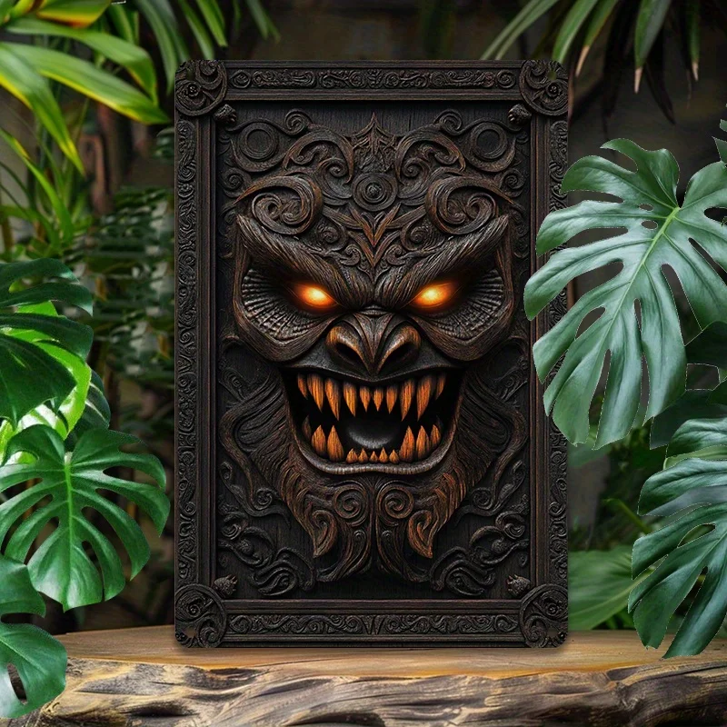 

Vintage Maori Tiki Mask Aluminum Wall Art, Metal Tin Sign for Bedroom, Living Room & Dining Decor, Durable, Easy-to-Hang