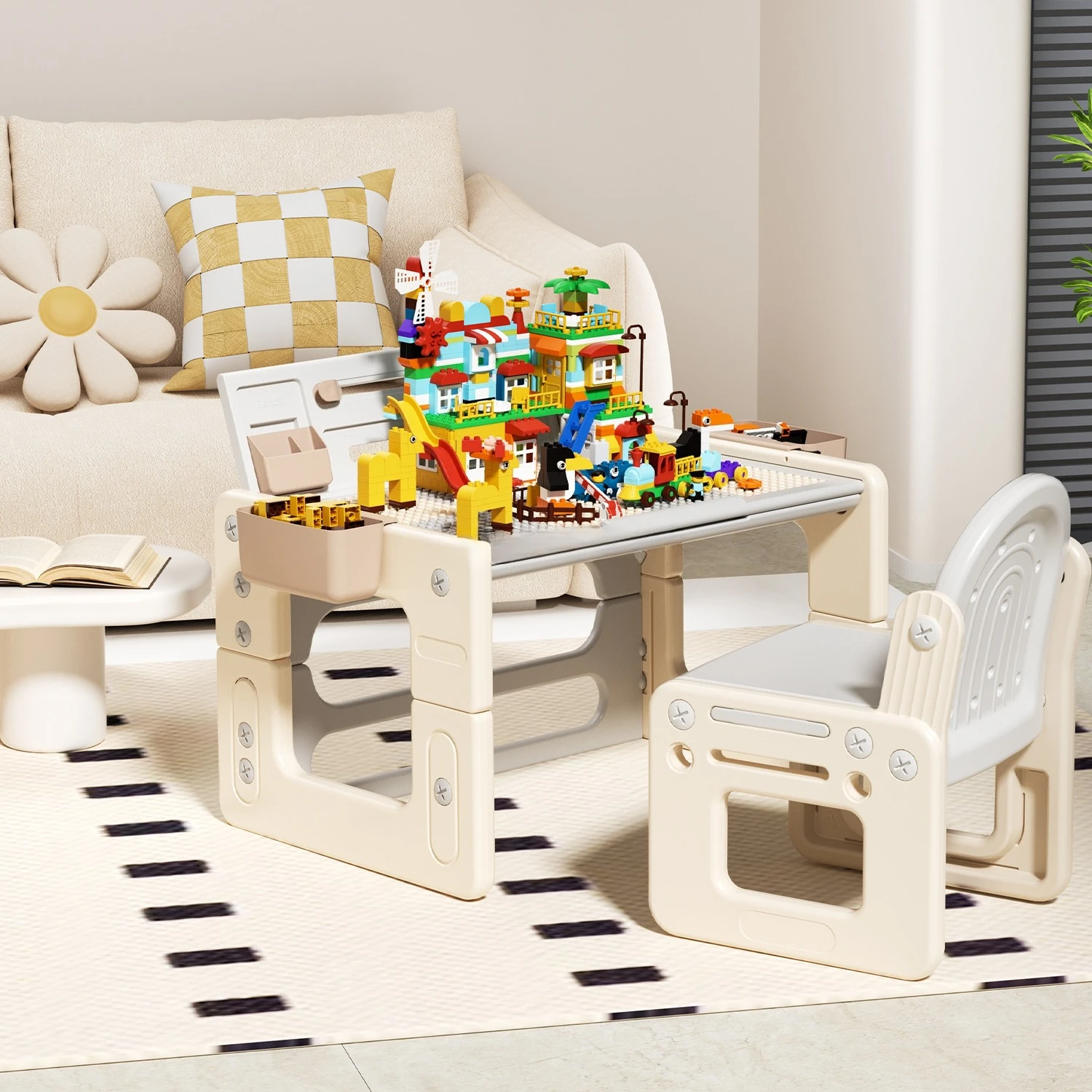 Natural plastic building block children's play set baby learning and activity game table chairs bedroom living room use