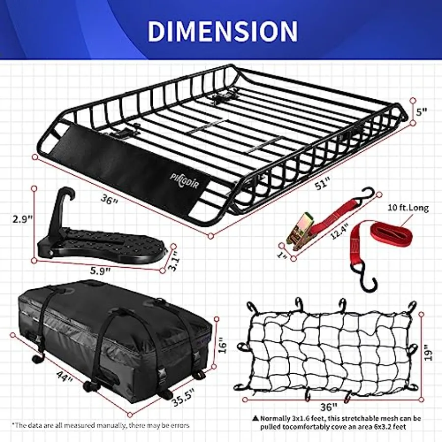 Roof Rack Basket for rooftop cargo transport, steel mesh, black, waterproof, universal fit, includes cargo net and 2 ratchet st