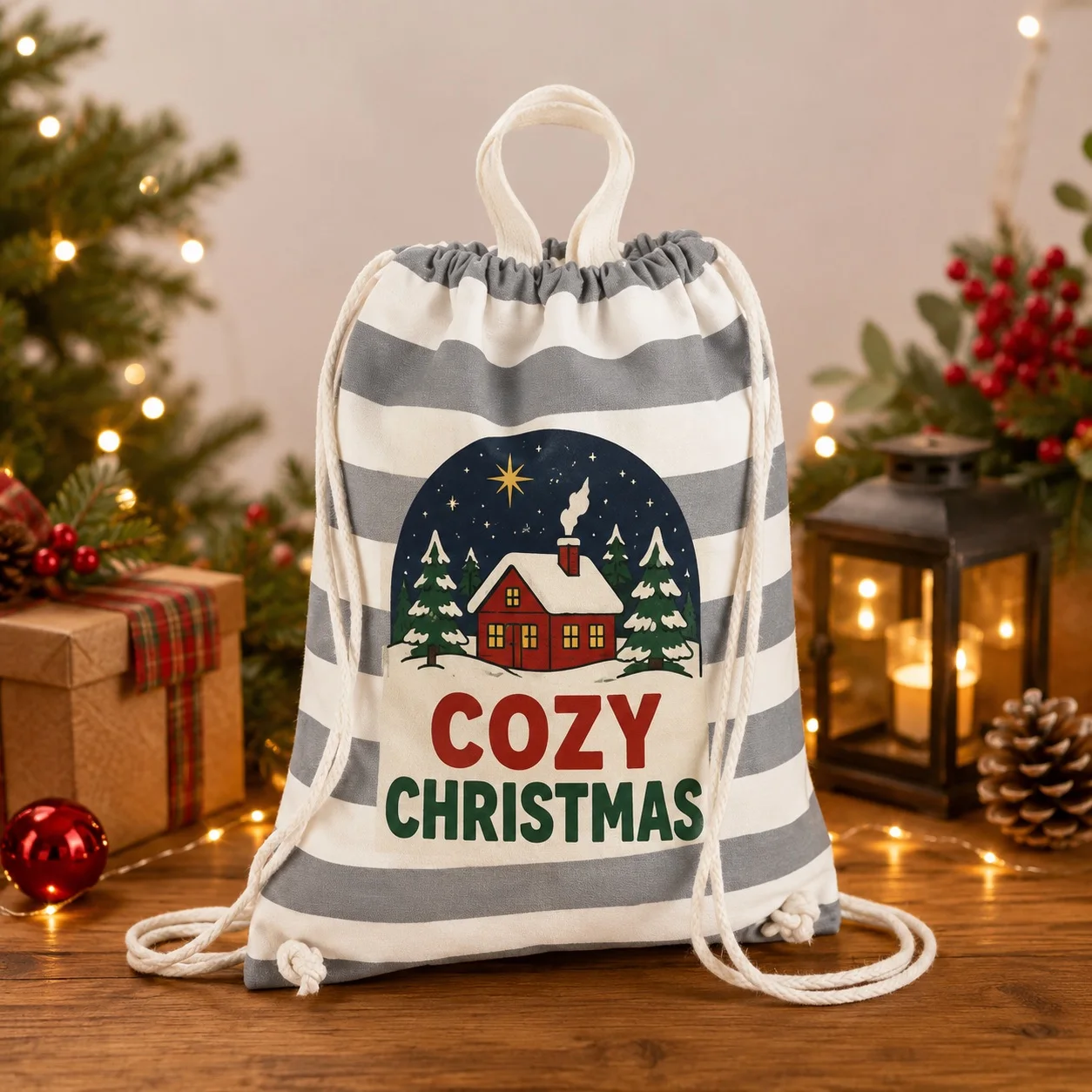 Custom Printed Drawstring Backpack Gingerbread Candy Cane Custom Name Photo Text Reusable Travel Storage Bag For Kids Adults Xma