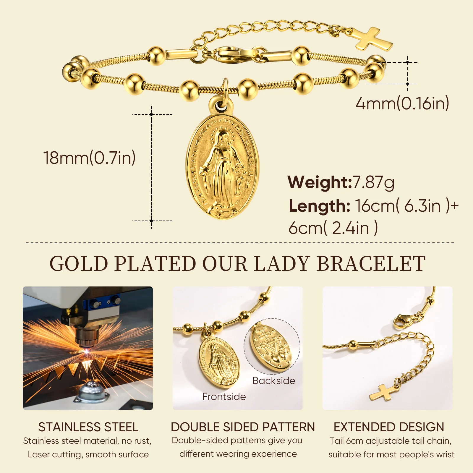 Virgin Mary Rosary Cross Bracelet for Women, Beaded Chain Stainless Steel Adjustable, Religious Jewelry