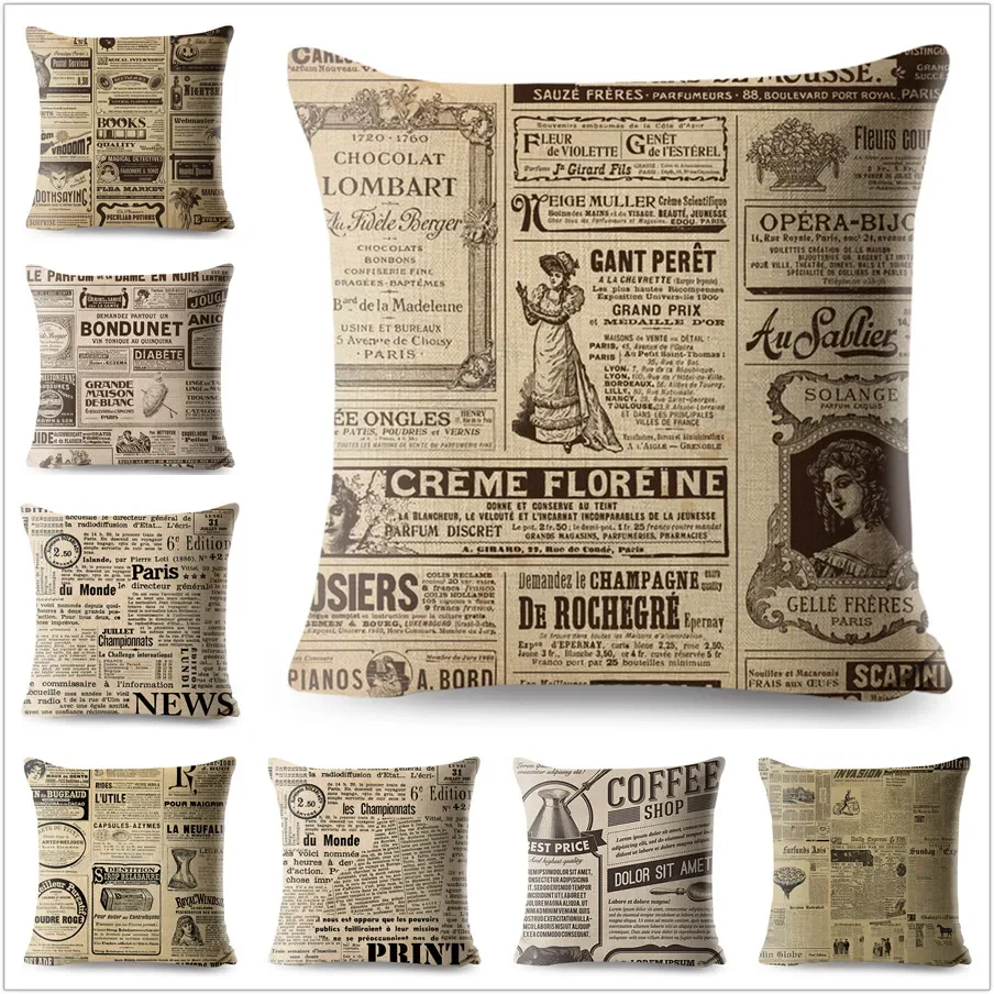 Vintage Style Pillow Case Decor Old English Newspaper Printed Cushion Cover Polyester Pillowcase for Sofa Home Car 45*45cm