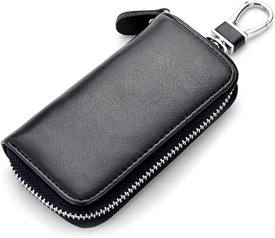 Unisex Mens Womens Premium Leather Car Key Holder Bag Keychain Case Wallet with 6 Hooks Zipper Closure