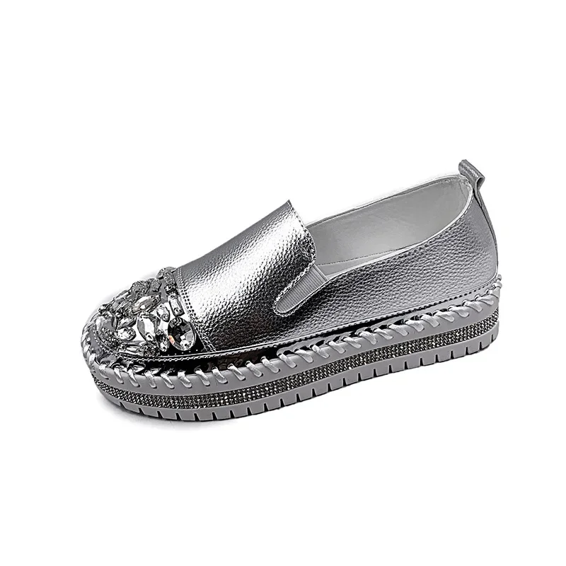 Comemore New strass Leather Flats Shoes donna Silver Bling mocassini Slip On Platform Shoes donna Flat Slipper studenti Casual