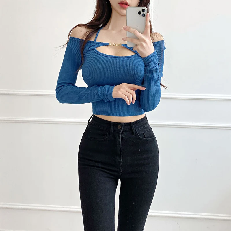 여름 슬림핏 편안한 섹시한 홀터 스트랩 메탈 버클 티셔츠+한국 슬림핏 짧은 니트 탑 여성 세트 긴팔 크롭 탑