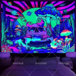 Blacklight Skull Tapestry Mushroom For Bedroom Aesthetic Cactus UV Tapestry Glow in The Dark Mountain and Sun Wall Tapestries