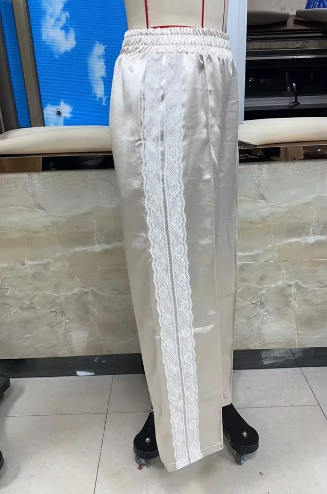 

Women Satin Silk Lace Trim Pants Y2k Elastic Waist Wide Leg Pj Lounge Boxer Bottoms Trendy Causal Trousers