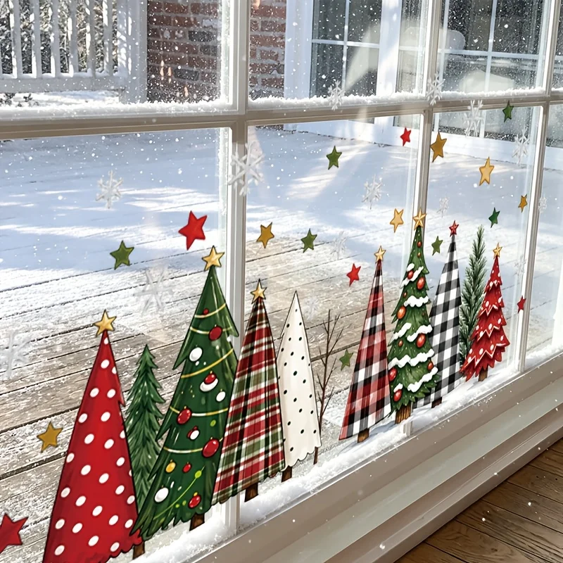 Buffalo Plaid Static Cling Window Film, Christmas Tree Snowflake Star, Reusable PVC, Farmhouse Winter Christmas Decor
