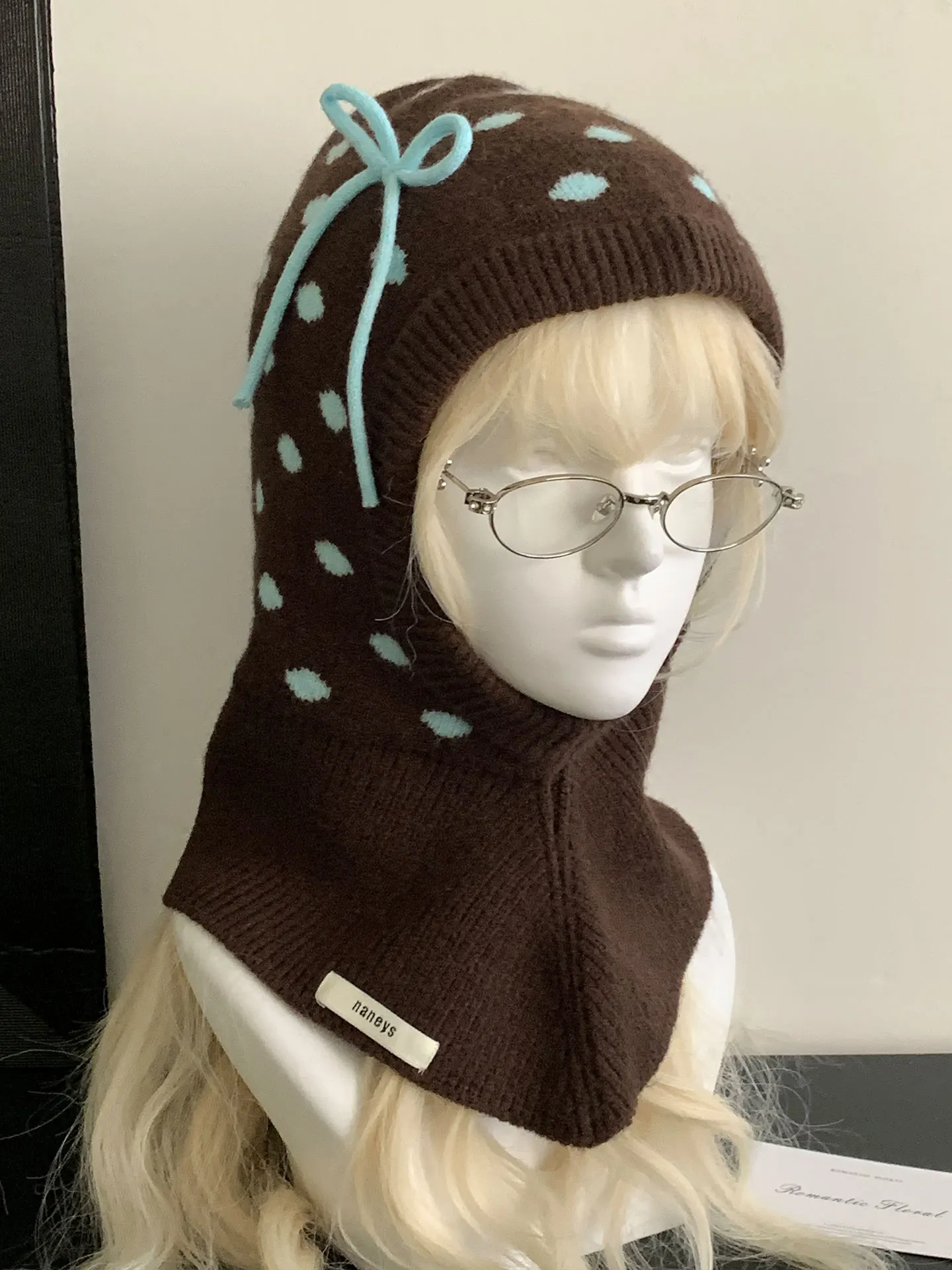Retro Polka Dot Bow Knot Baroque Hat Women's Knitted Scarf Integrated Warm Ear Protection Head Wrap Hat Casual Style