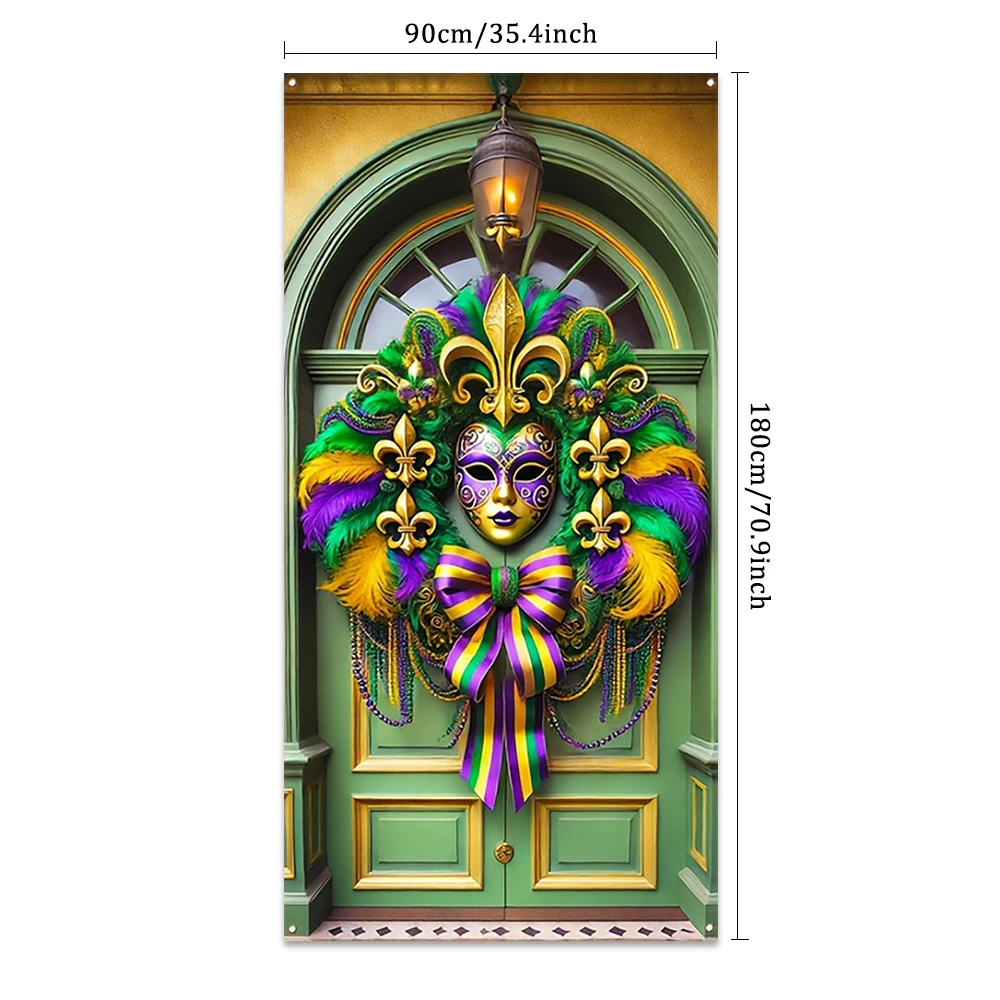 Mardi Gras Decorations Door Cover Banner Mask Feather Garland Print Photography Backdrop Indoor Outdoor Porch Background Decor