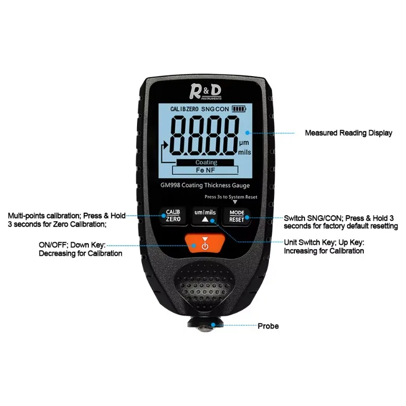 

GM998 Car Paint Coating Thickness Gauge Car Paint Electroplate Metal Coating Thickness Tester Meter 0-1500um Fe & NFe Probe