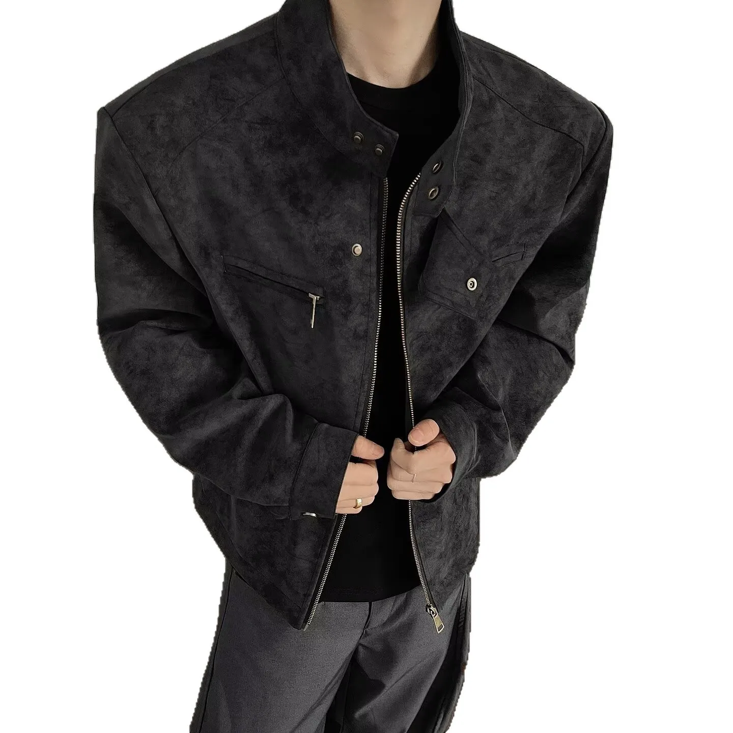 

2025 American Retro Short Loose Stand Collar Motorcycle Leather Jacket for Men, Autumn PU Leather Jacket