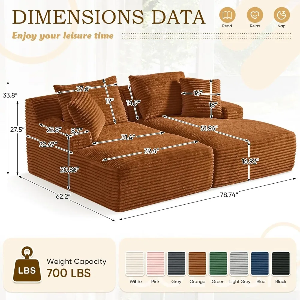 Oversized Cozy Chaise Lounge Chair Indoor, Upholstered Corduroy Sofa,Comfy Fluffy Cloud Couch,Modern Deep Seat Sofa