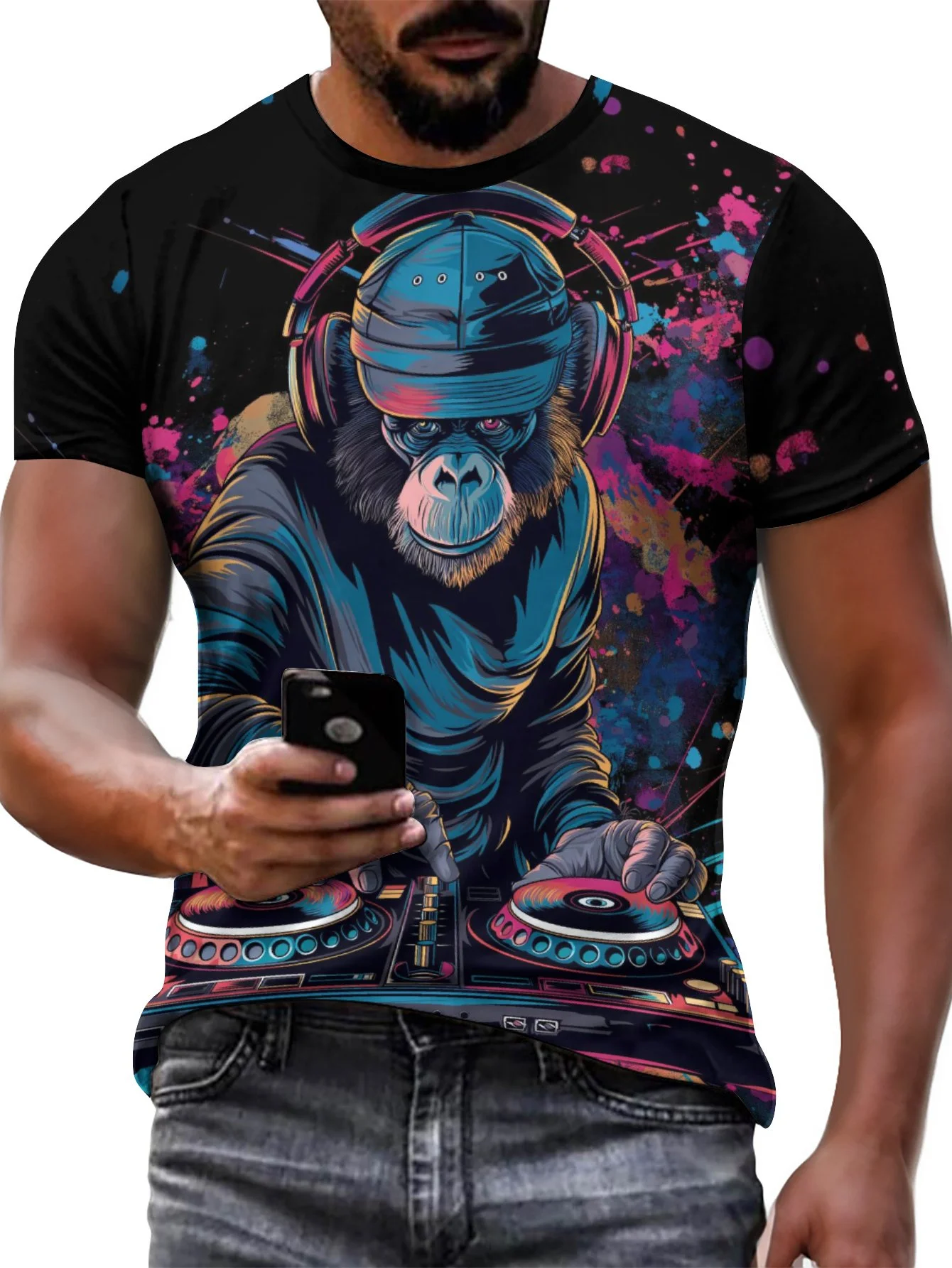 2024 New Men's 3D Graffiti DJ Monkey Pattern T-shirt, Casual Cool Micro Elastic Breathable T-shirt, Summer Outdoor Men's Wear