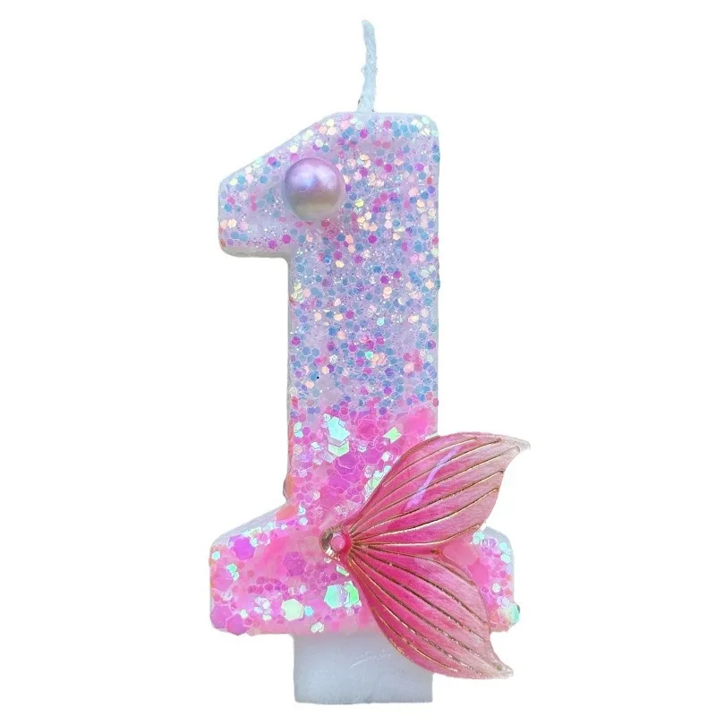 Digital Birthday Candles Party Decoration Birthday Pink Candles Sparkling Pink Beauty Fish Tail Wedding Boys Girls Gifts Number