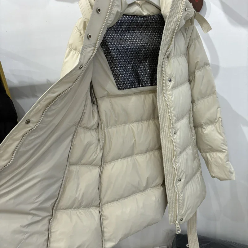 Schinteon 여성 화이트 오리 다운 재킷 후드 가을 겨울 따뜻한 사무실 레이디 아웃웨어 유행 코트 벨트 2024 새로운