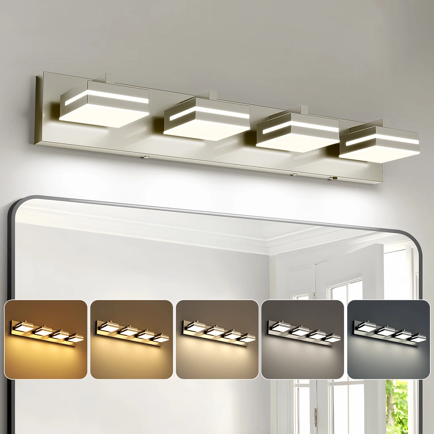 Luz de vaidade LED, temperatura de 5 cores ajustável, feita de metal e acrílico, com fio rígido, adequada para iluminação de banheiro