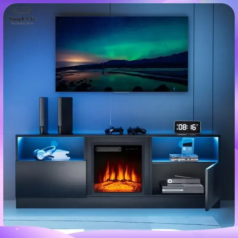 Fireplace TV Stand with 18 Inch Electric Fireplace LED Light Entertainment Center for TVs Up to 65 Inches 58 Inch Black TV