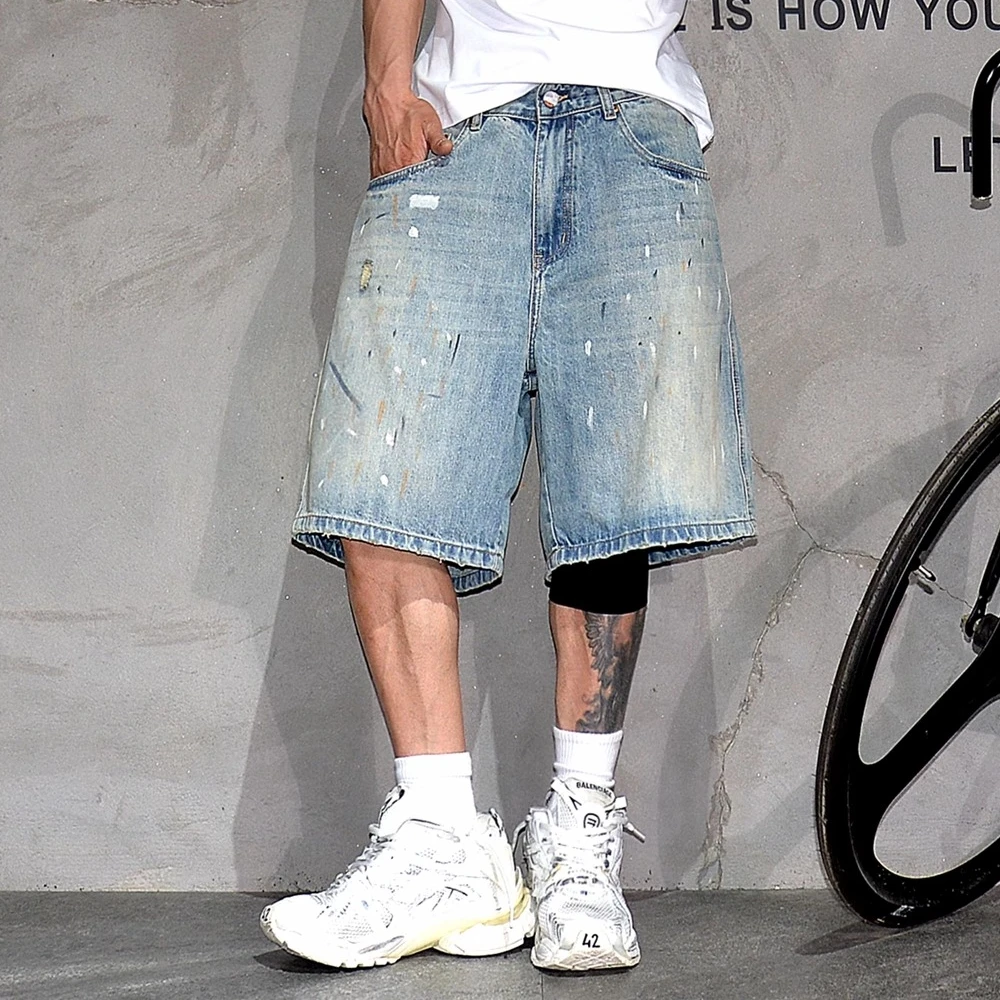 Korean Streetwear Men Hip Hop Splatter Paint Denim Shorts Summer Loose Fit Straight Leg Jorts 5 Inch Inseam Skate Trendy Casual
