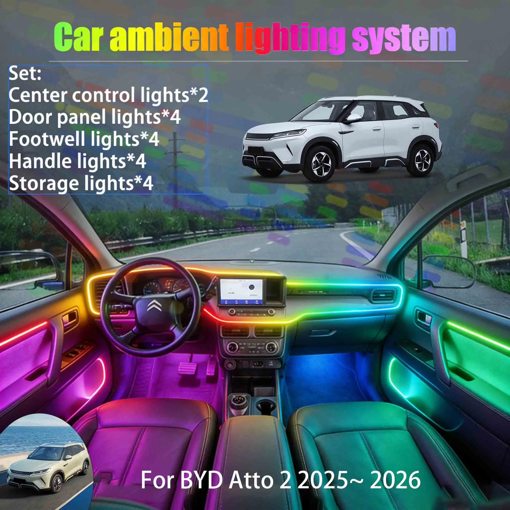 

For BYD Atto 2 2025~ 2026 2/18 in 1 Car ambient lighting Led trunk interior led lights USB RGB Ensemble Streamer Auto Parts