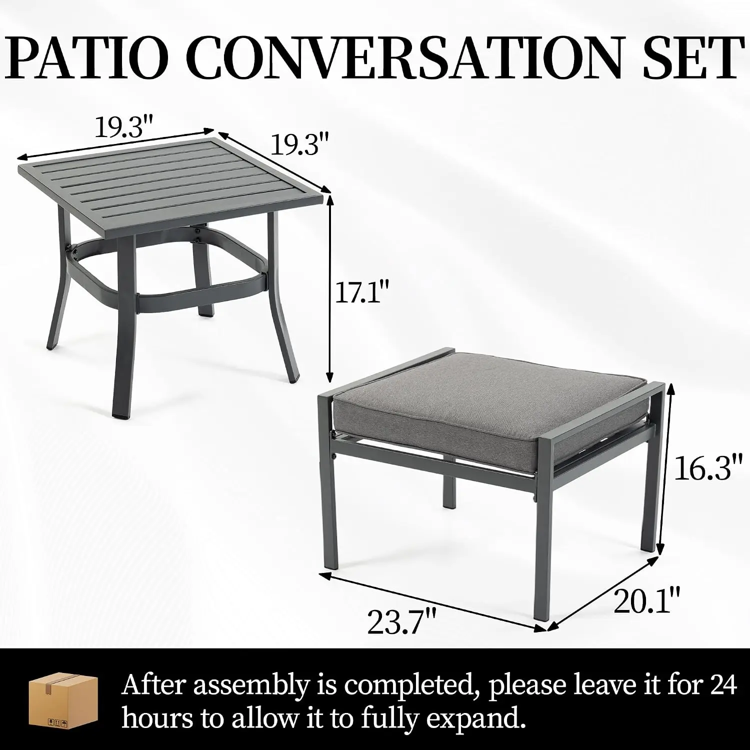 Metal Patio Set Table & 2 Stools, All-Weather Rust-Resistant Outdoor Furniture Garden Porch, Space-Saving, Grey, Customized