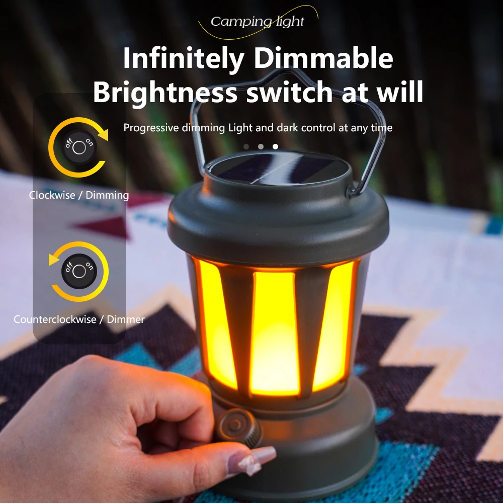 Multi Functional Retro Solar LED Camping Light Stepless Adjustment Temperature Light USB Charging Outdoor Tent Lighting Lantern