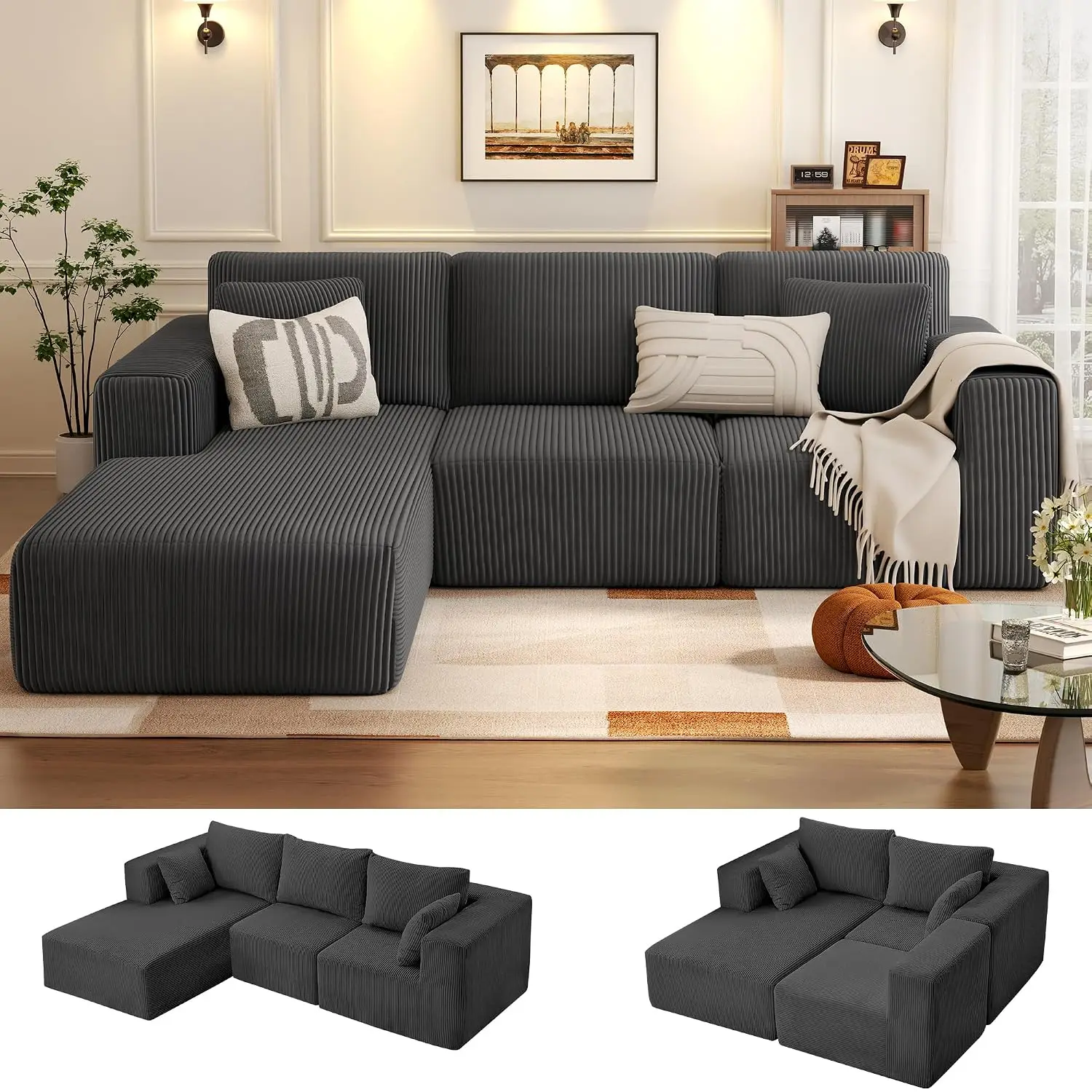 Modular Sectional Sofa L Shaped Cloud Couch Living Room Modern Boneless Chaise Bedroom Gray, Customized