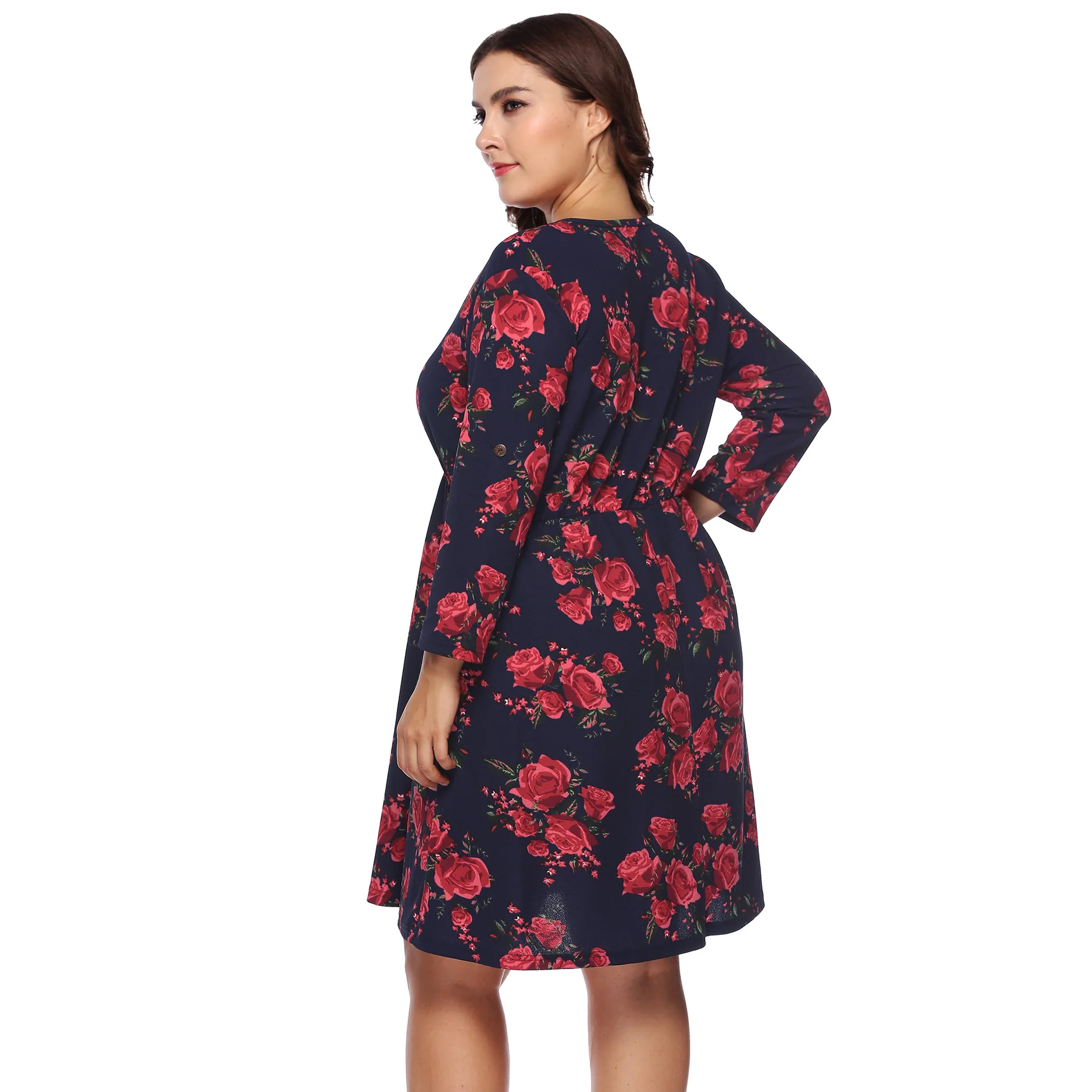 Plus Size Damen Knielanges Kleid Langarm Böhmischer Stil Blume Übergroße Kleidung für Damen Kleid Marineblau