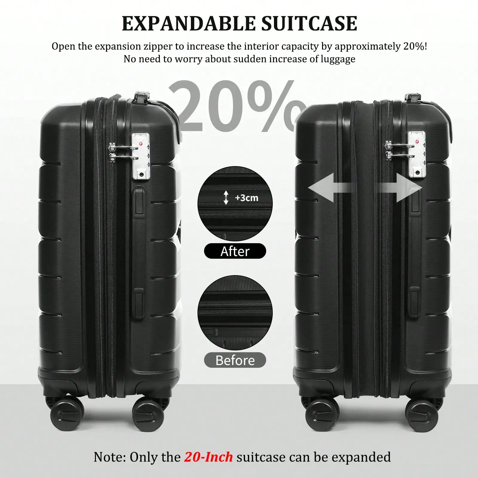 2‑Piece Luggage Set,20 Inch PP Hardside Carry‑On Suitcase plus 14 Inch Cosmetic Case,Waterproof Rolling Travel Luggage with 360° Spinner Wheels,YKK Zipper & TSA Lock,Lightweight Hard Shell Travel Set for Women for Business,Vacation & Weekend Trips