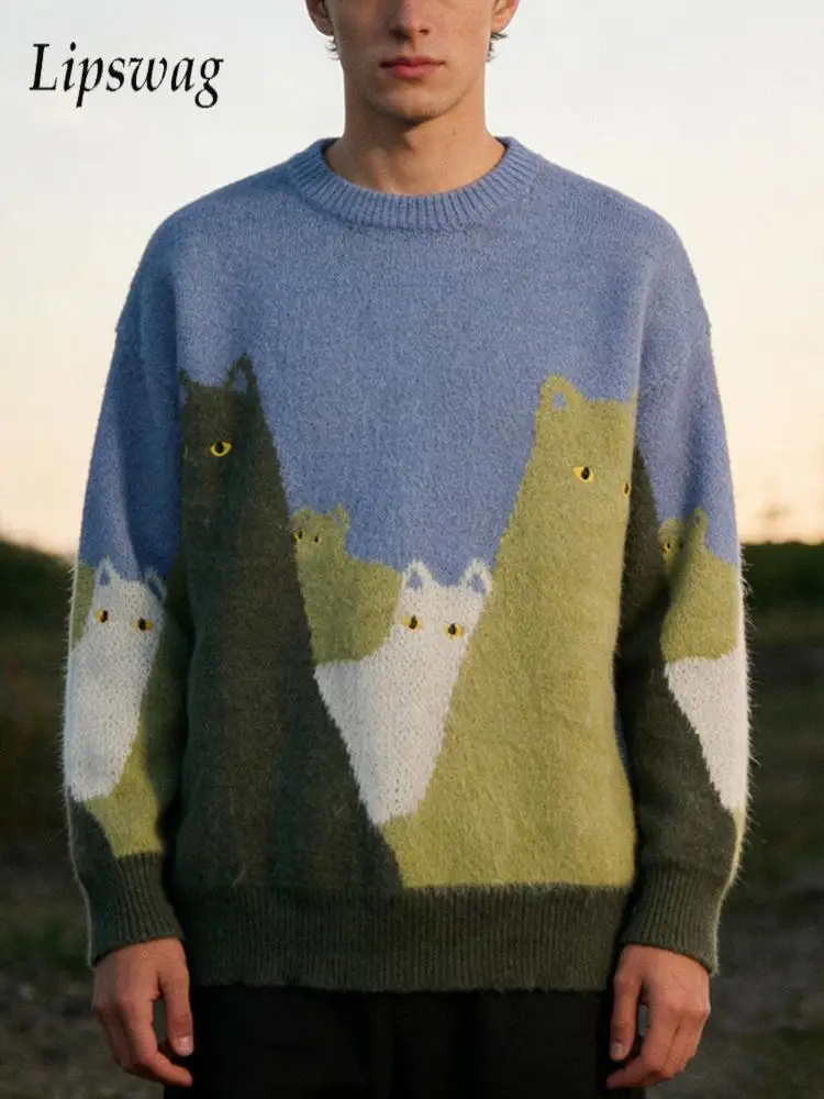 

Vintage Mens Crew Neck Sweaters Casual Long Sleeve Loose Knitting Jumpers Men Spring Autumn Stylish Graphic Sweater Streetwear