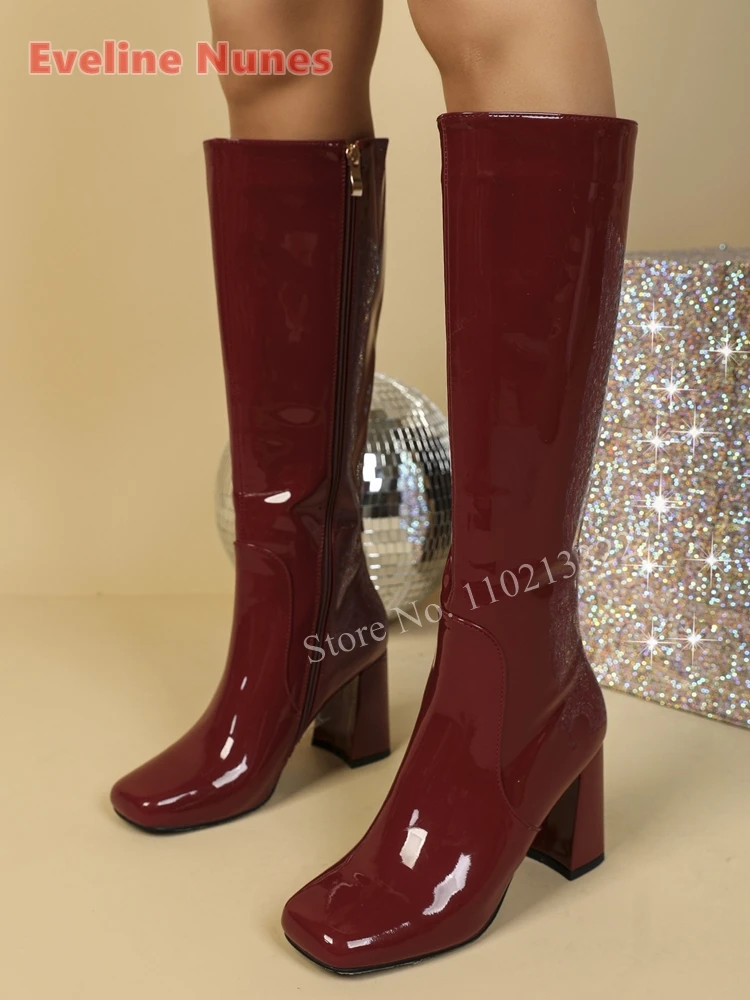 Blue Zipper Knee Boots Patent Leather 2024 Autumn Square Toe Chunky High Heel News Solid Sexy Fashion Shoes For footwear